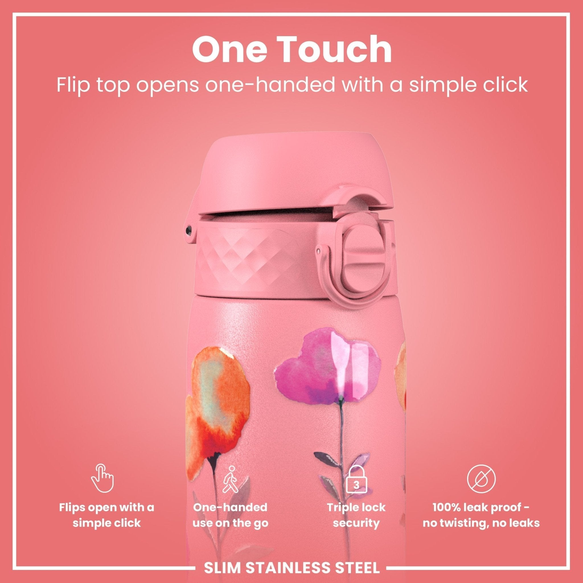 ION8 leak-proof slim stainless steel water bottle with floral design, 600ml capacity, ideal for on-the-go hydration