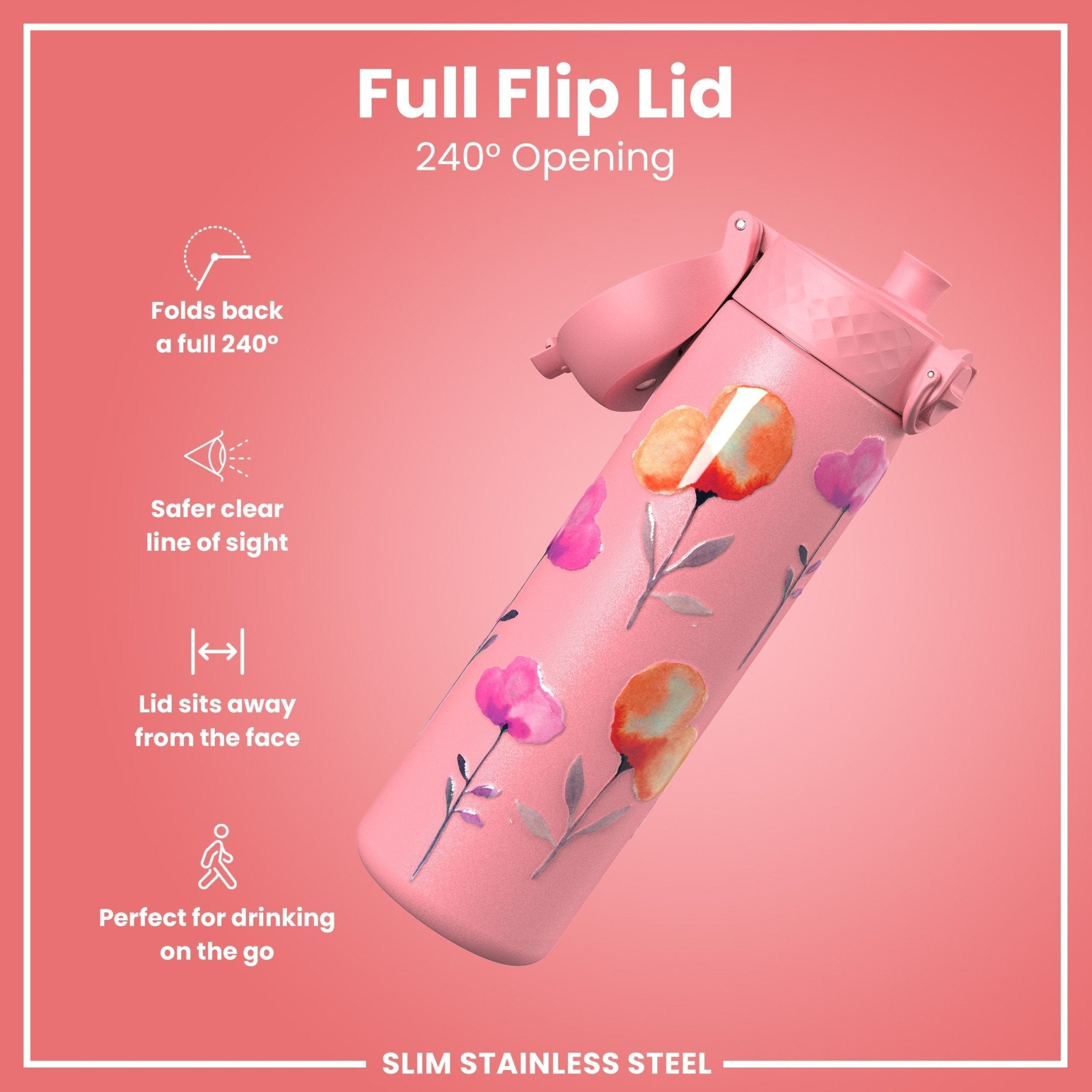 ION8 leak-proof slim stainless steel water bottle with floral design, 600ml (20oz) capacity, ideal for on-the-go hydration.