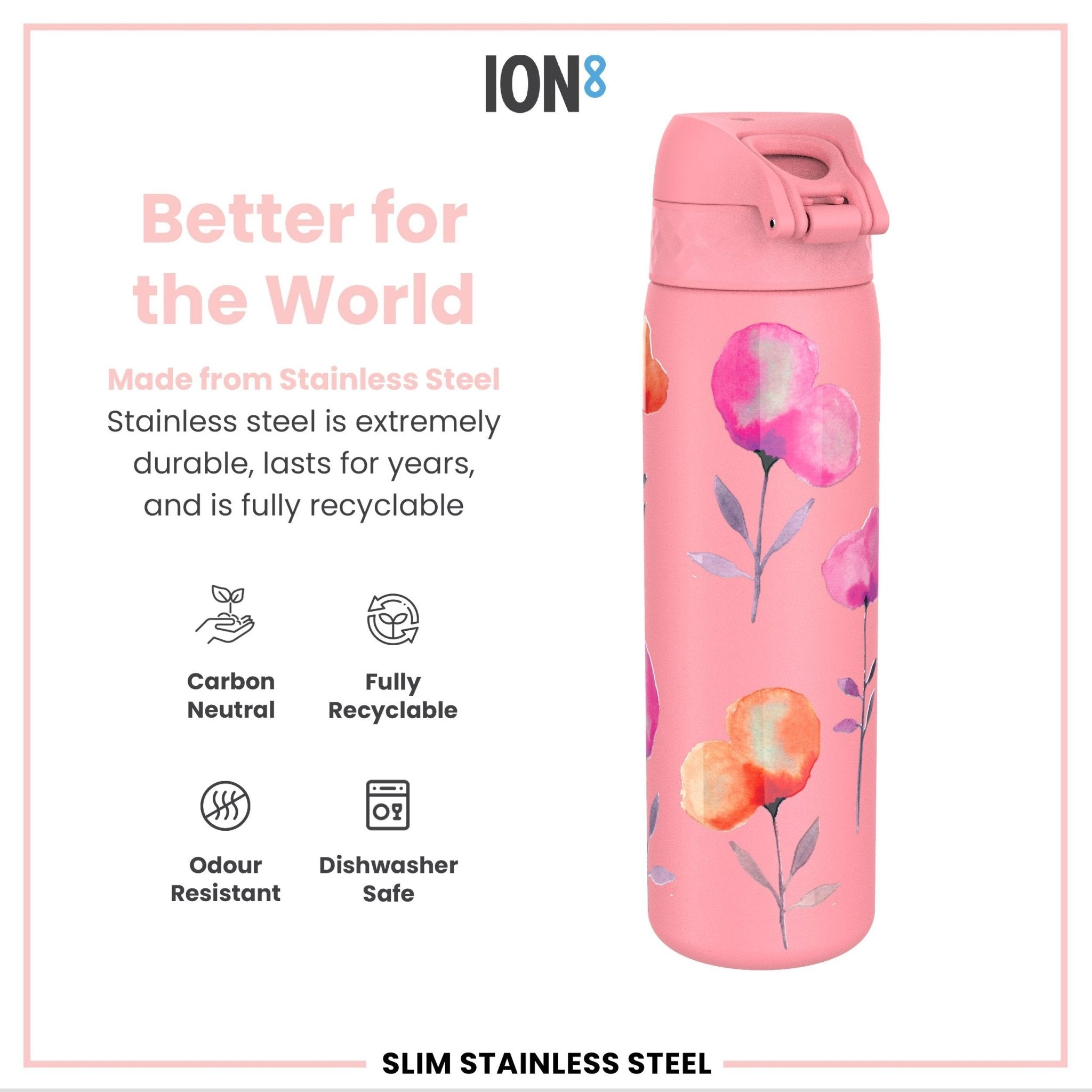 Ion8 stainless steel leak-proof slim water bottle with floral design, 600ml (20oz) capacity, ideal for hydration on the go.