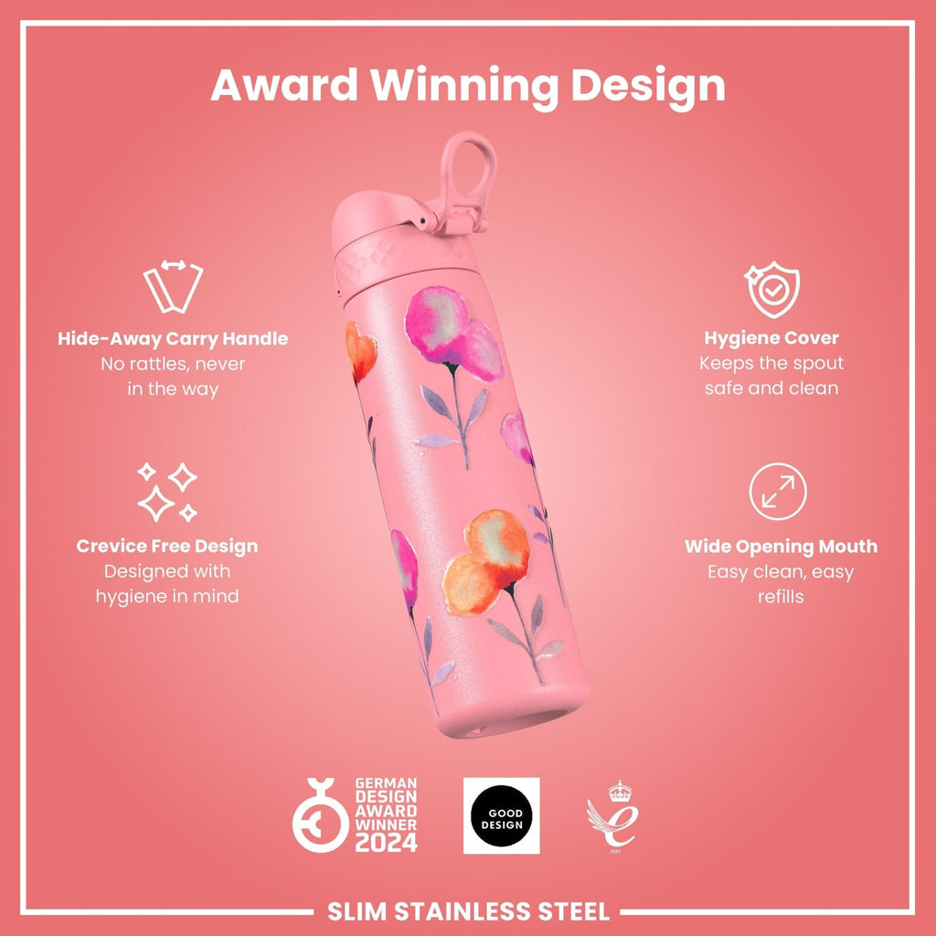 Ion8 leak-proof slim stainless steel water bottle with floral design, 600ml (20oz), perfect for keeping drinks secure and stylish.