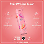 Ion8 leak-proof slim stainless steel water bottle with floral design, 600ml (20oz), perfect for keeping drinks secure and stylish.