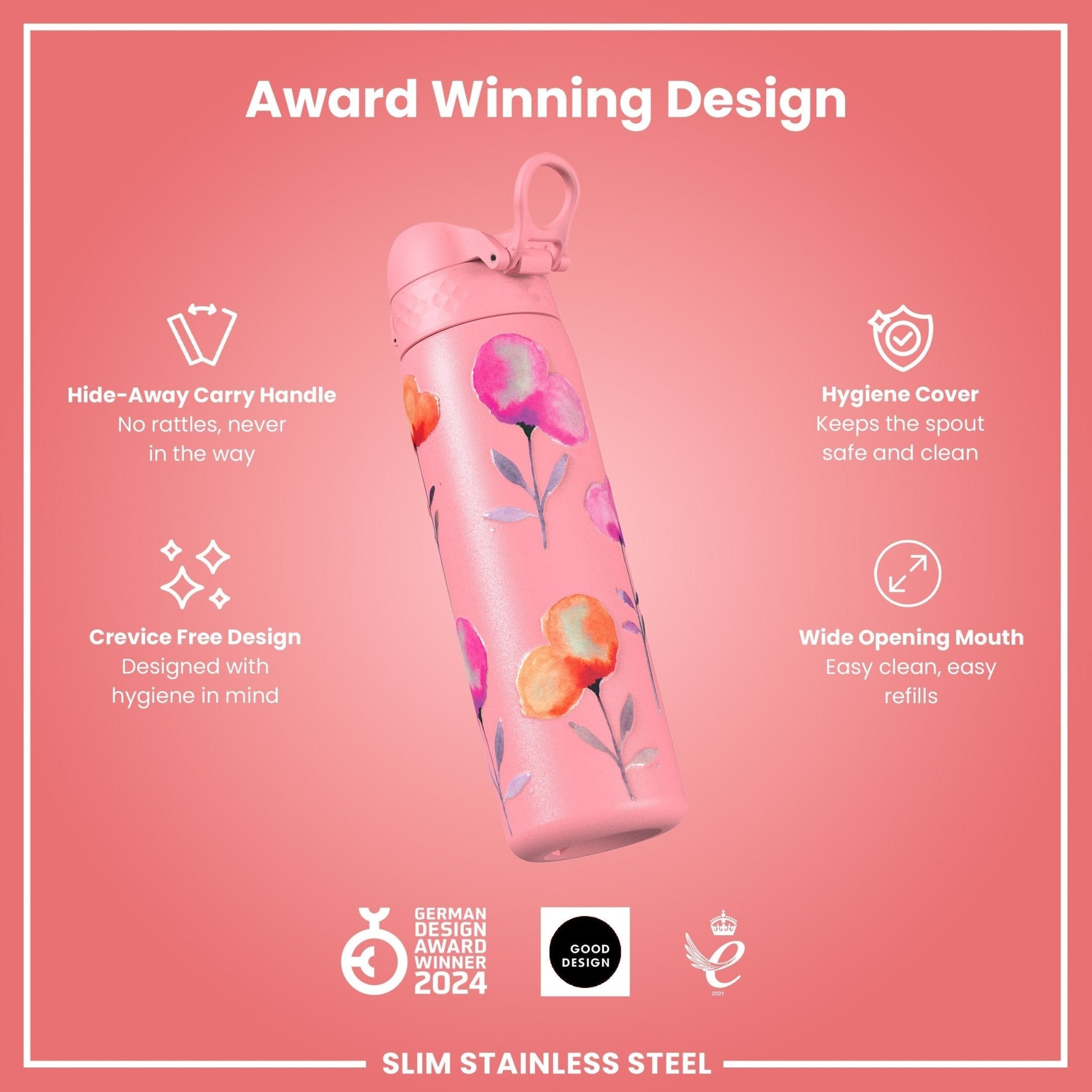 Ion8 leak-proof slim stainless steel water bottle with floral design, 600ml (20oz), perfect for keeping drinks secure and stylish.