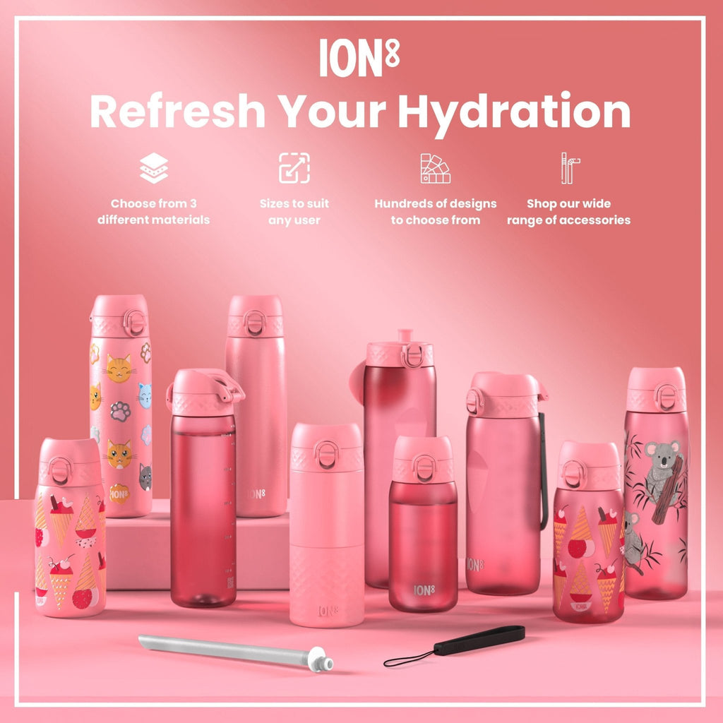 ION8 stainless steel leak-proof water bottle with floral design, 600ml (20oz) slim water bottle for hot or cold drinks.