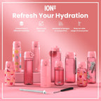 ION8 stainless steel leak-proof water bottle with floral design, 600ml (20oz) slim water bottle for hot or cold drinks.