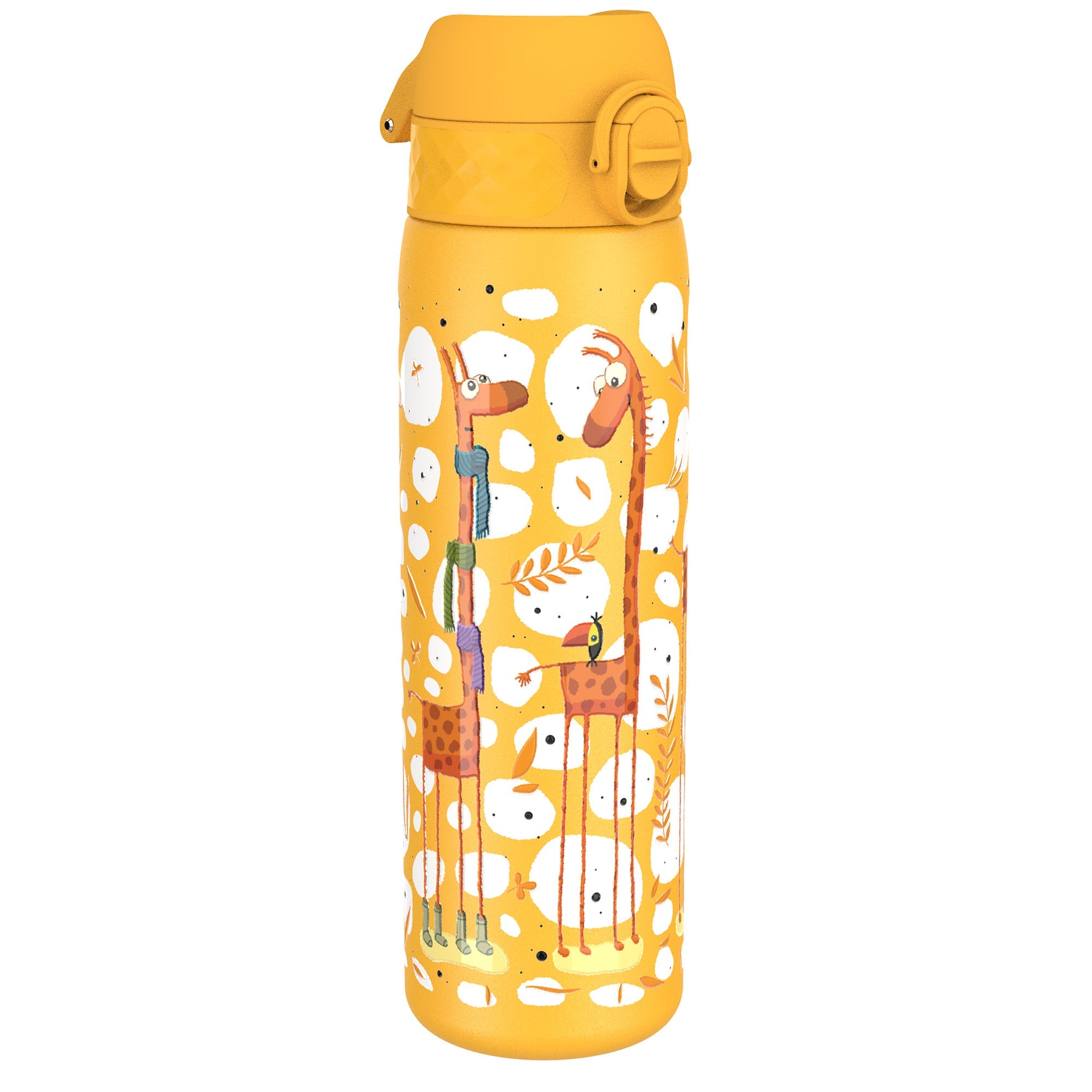 Ion8 leak-proof stainless steel water bottle with giraffe design, 600ml (20oz) slim water bottle for on-the-go hydration.