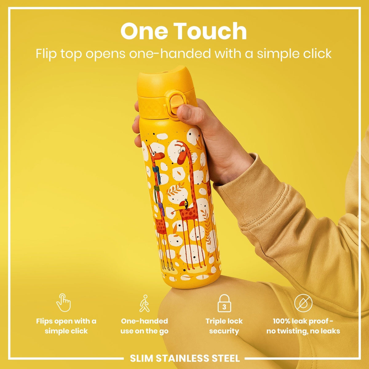 ION8 stainless steel water bottle with giraffe design, 600ml capacity, leak-proof, slim, durable steel water bottle.