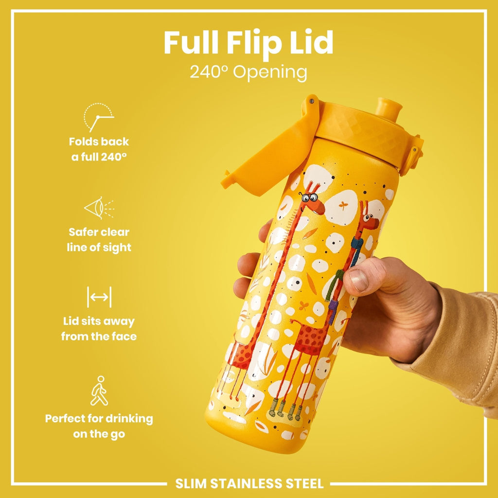 Ion8 stainless steel water bottle with giraffe design, 600ml capacity, leak-proof, slim, durable steel water bottle for daily use.