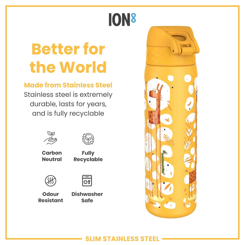 Ion8 stainless steel water bottle with giraffe design, 600ml capacity, leak-proof, slim, durable steel water bottle for hydration.