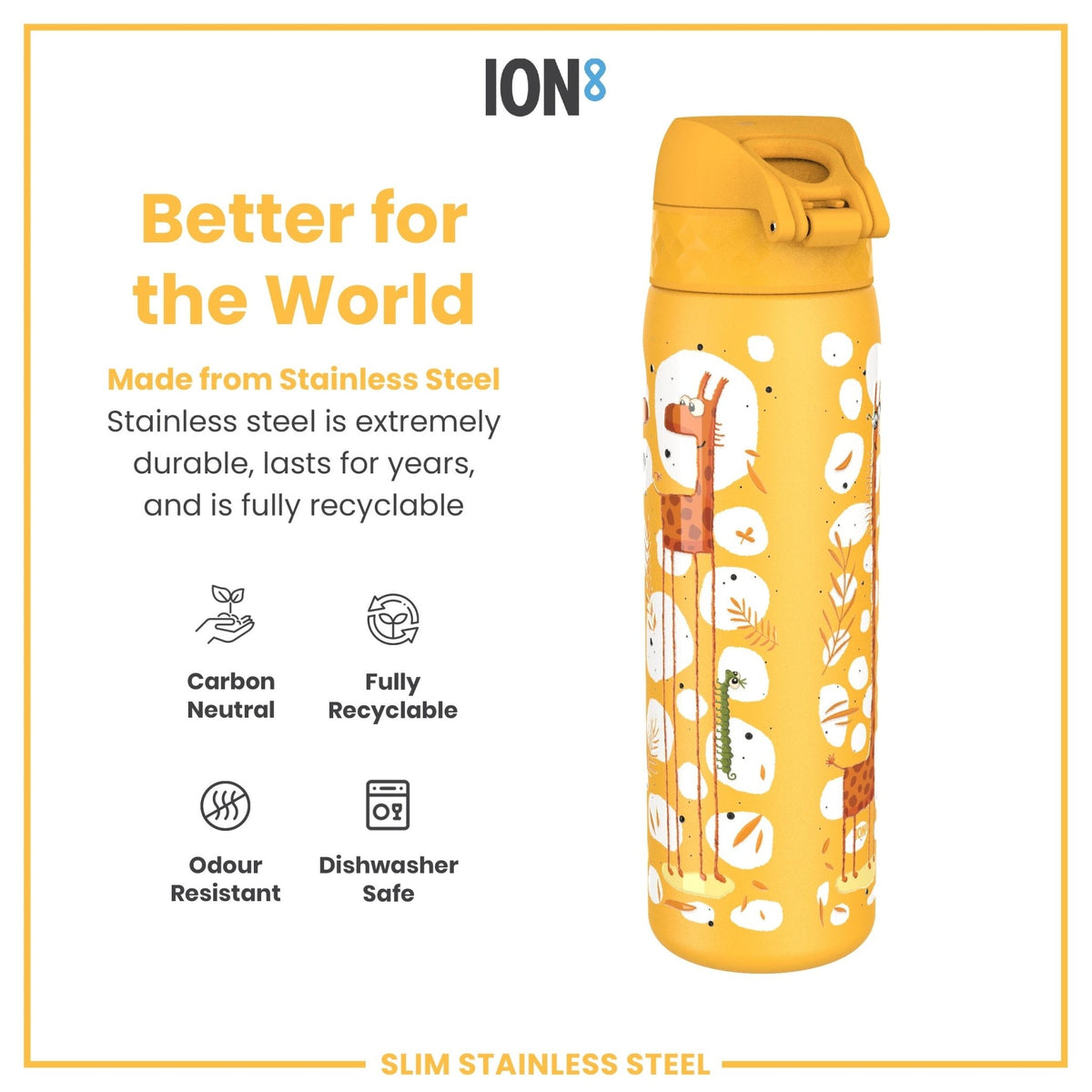 Ion8 stainless steel water bottle with giraffe design, 600ml capacity, leak-proof, slim, durable steel water bottle for hydration.