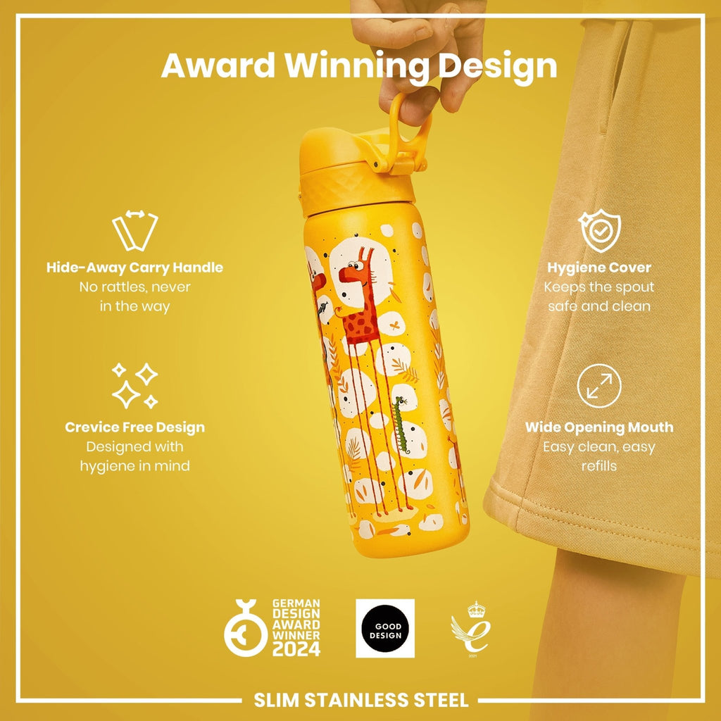 ION8 stainless steel water bottle with giraffe design, 600ml capacity, leak-proof, slim and durable for everyday hydration.