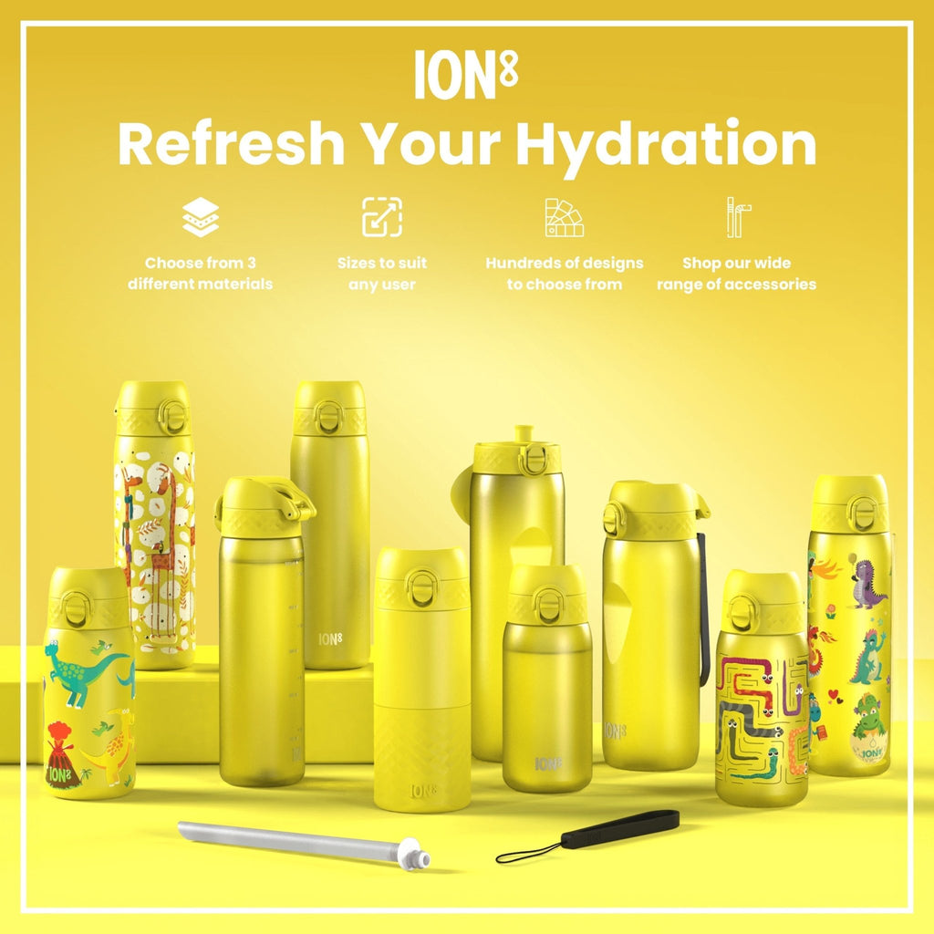 ION8 stainless steel water bottle featuring playful giraffe design, 600ml capacity, leak-proof, slim, durable steel hydration bottle.