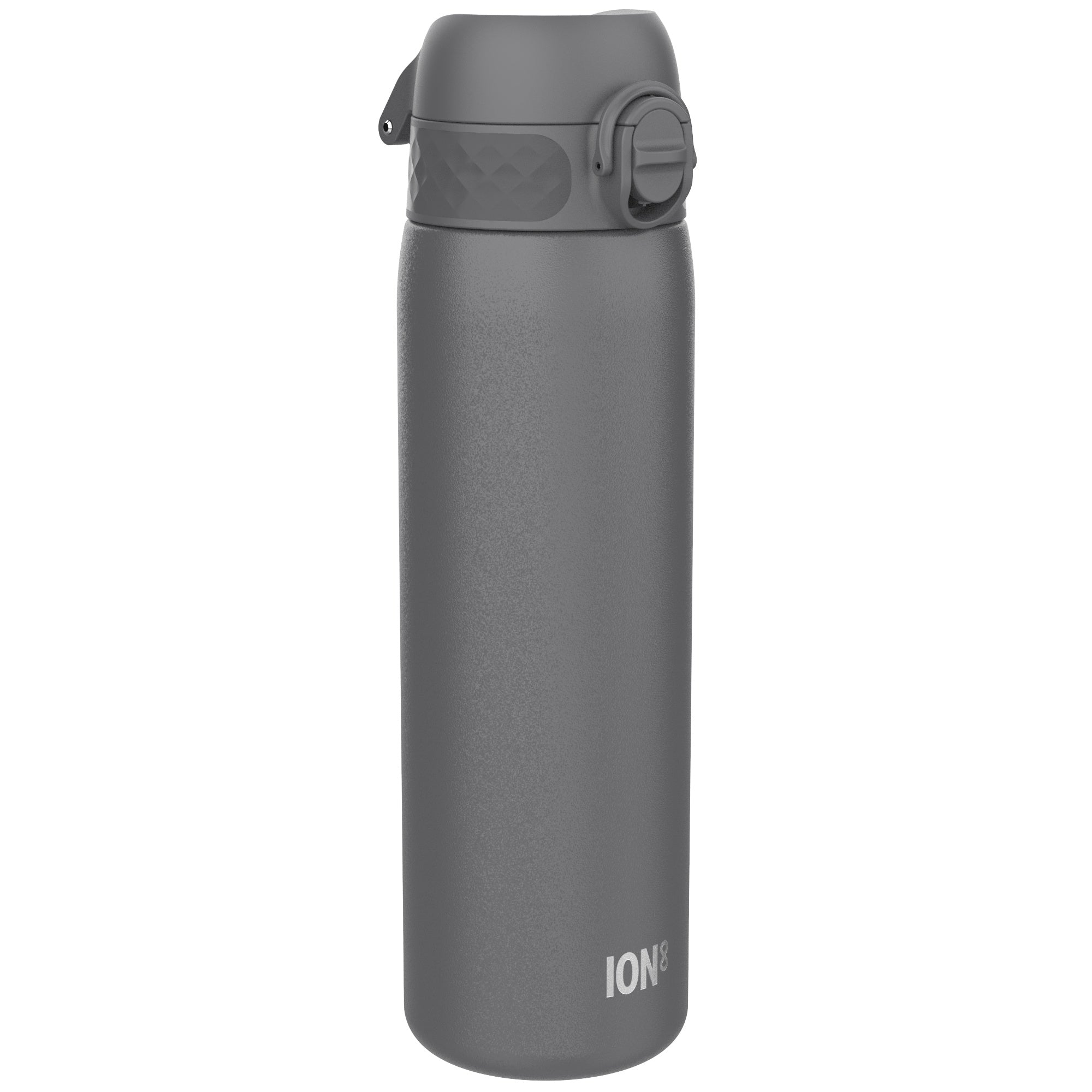 Ion8 slim stainless steel water bottle in grey, 600ml (20oz), leak-proof design, ideal for staying hydrated on the go.