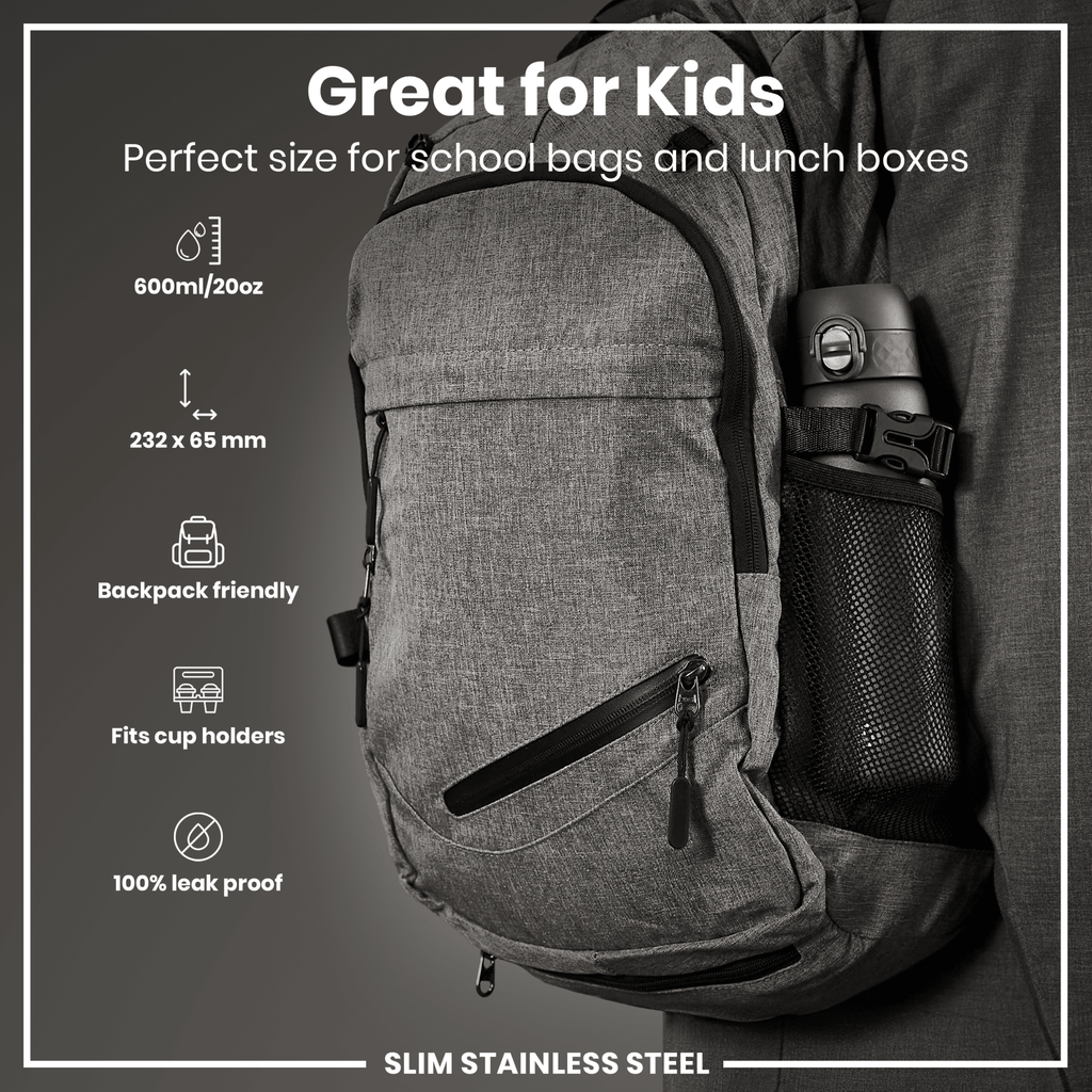Grey 600ml ION8 stainless steel water bottle, leak-proof and slim design, ideal for staying hydrated on the go.