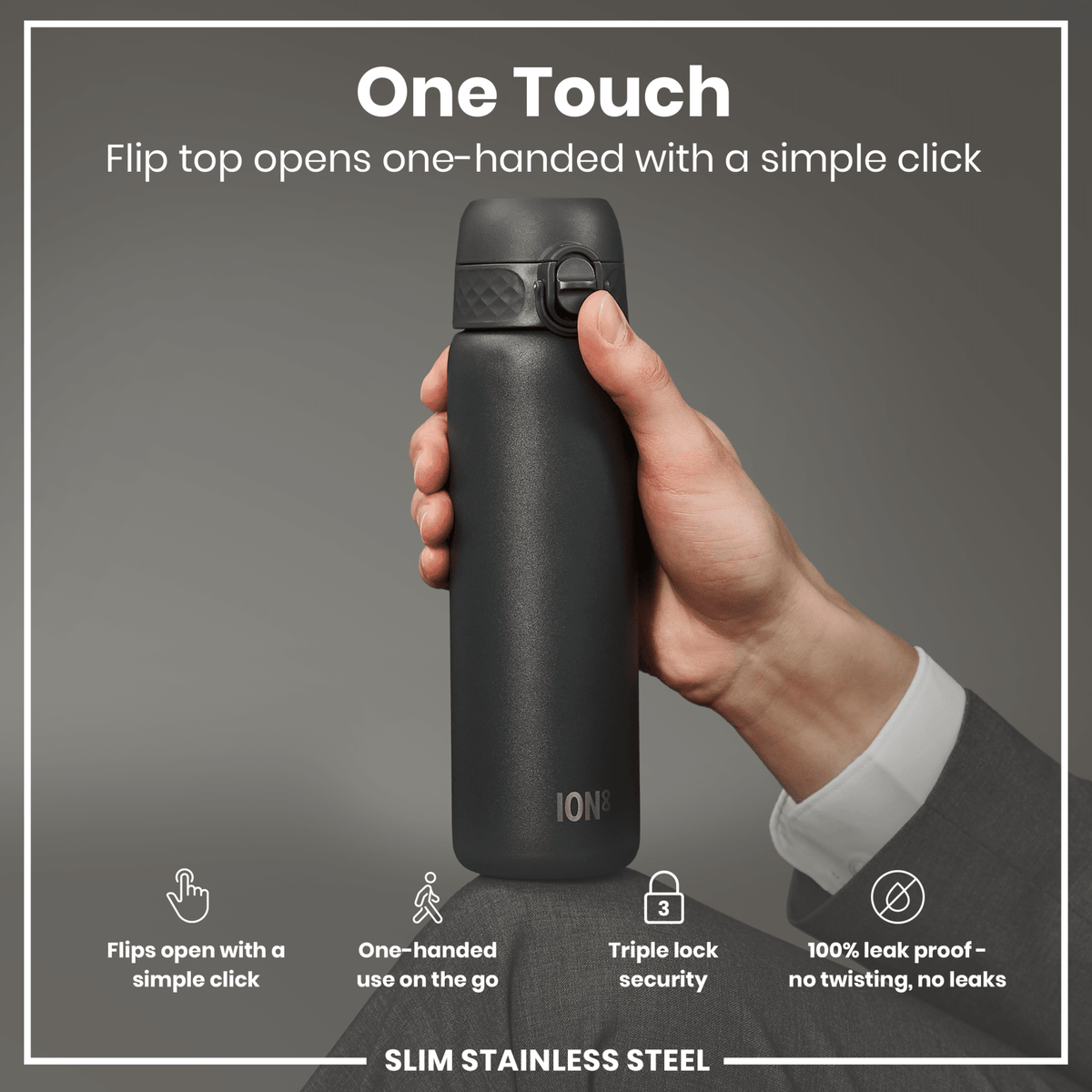 Grey 600ml stainless steel water bottle by ION8, leak-proof slim design perfect for hydration on the go.
