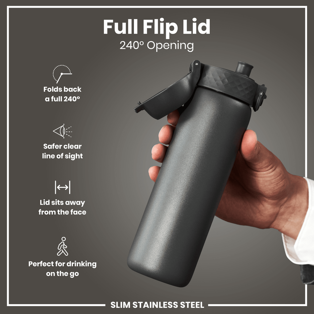 Ion8 stainless steel water bottle in grey, 600ml capacity, leak-proof, slim design, durable and portable for everyday hydration.