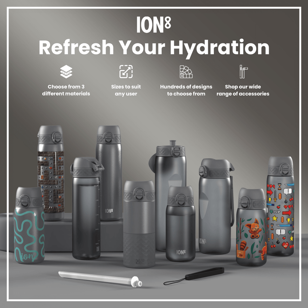 Grey ION8 stainless steel water bottle, 600ml, leak-proof, slim design, durable steel water bottle for everyday use