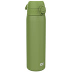 Ion8 stainless steel water bottle in khaki green, 600ml, leak-proof and slim design for durable hydration.