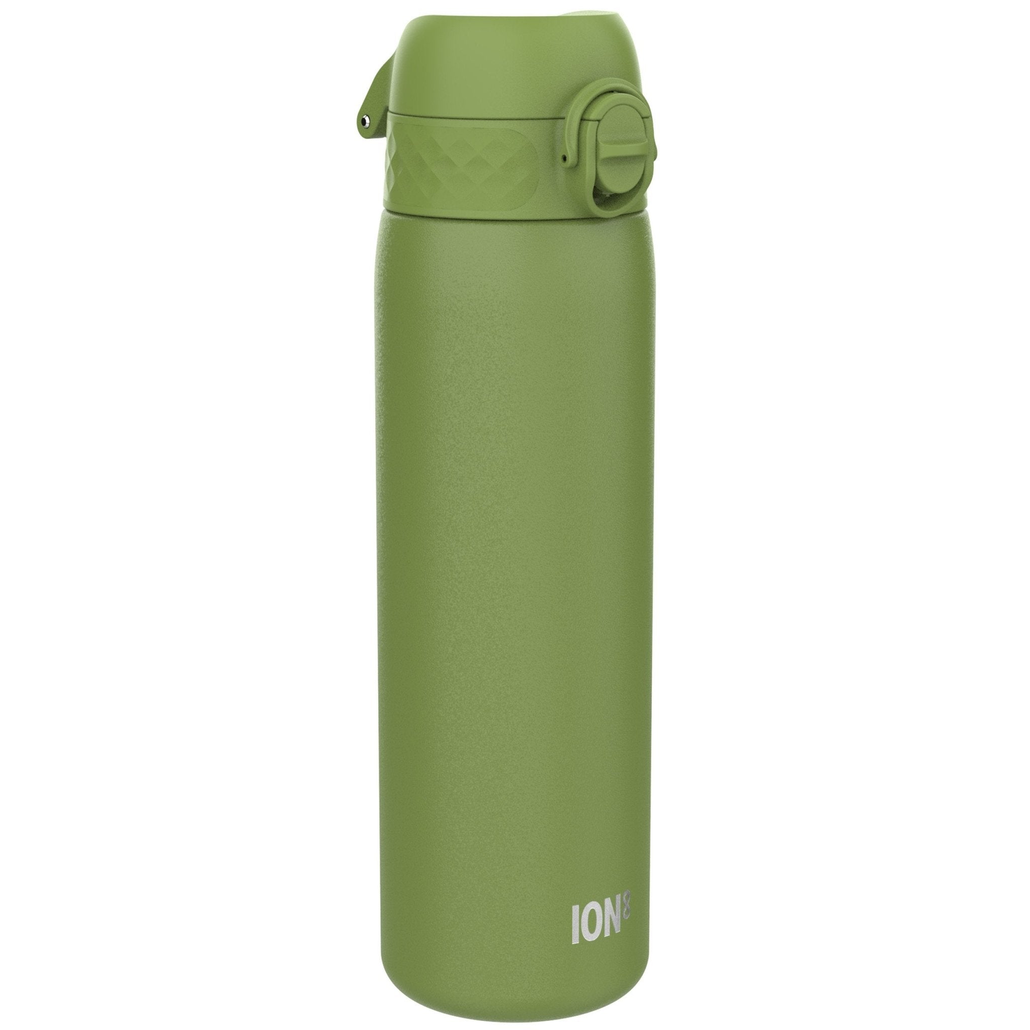 Ion8 leak-proof stainless steel water bottle in khaki green, 600ml (20oz), with slim design and durable construction.