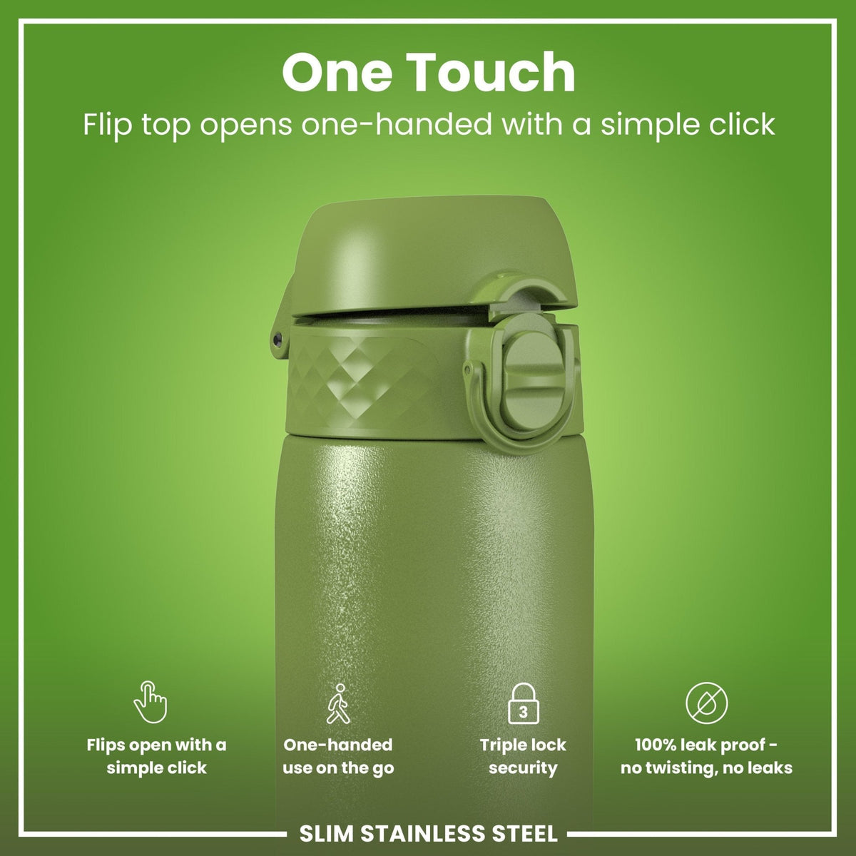 Ion8 stainless steel water bottle in khaki green, 600ml, leak-proof, slim design, durable steel water bottle for hydration.