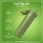 Ion8 stainless steel water bottle in khaki green, 600ml, leak-proof, slim design ideal for on-the-go hydration.