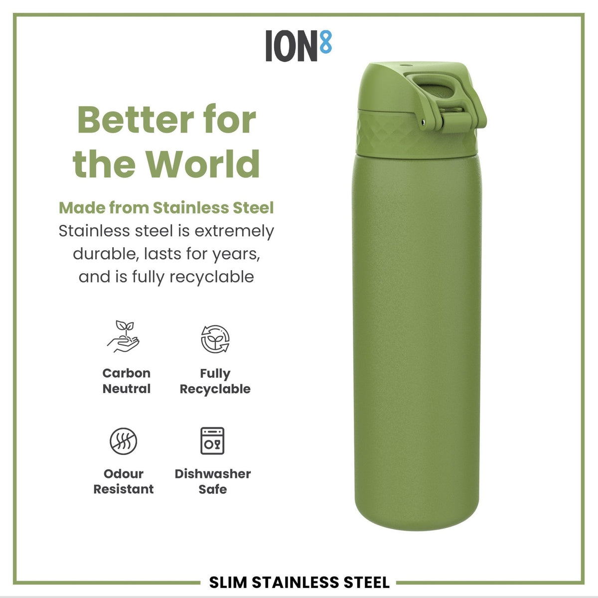 Ion8 stainless steel water bottle in khaki green, 600ml, leak-proof, slim design, ideal for staying hydrated on the go.