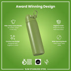 Ion8 stainless steel water bottle in khaki green, 600ml, leak-proof, slim design, durable steel water bottle for on-the-go hydration