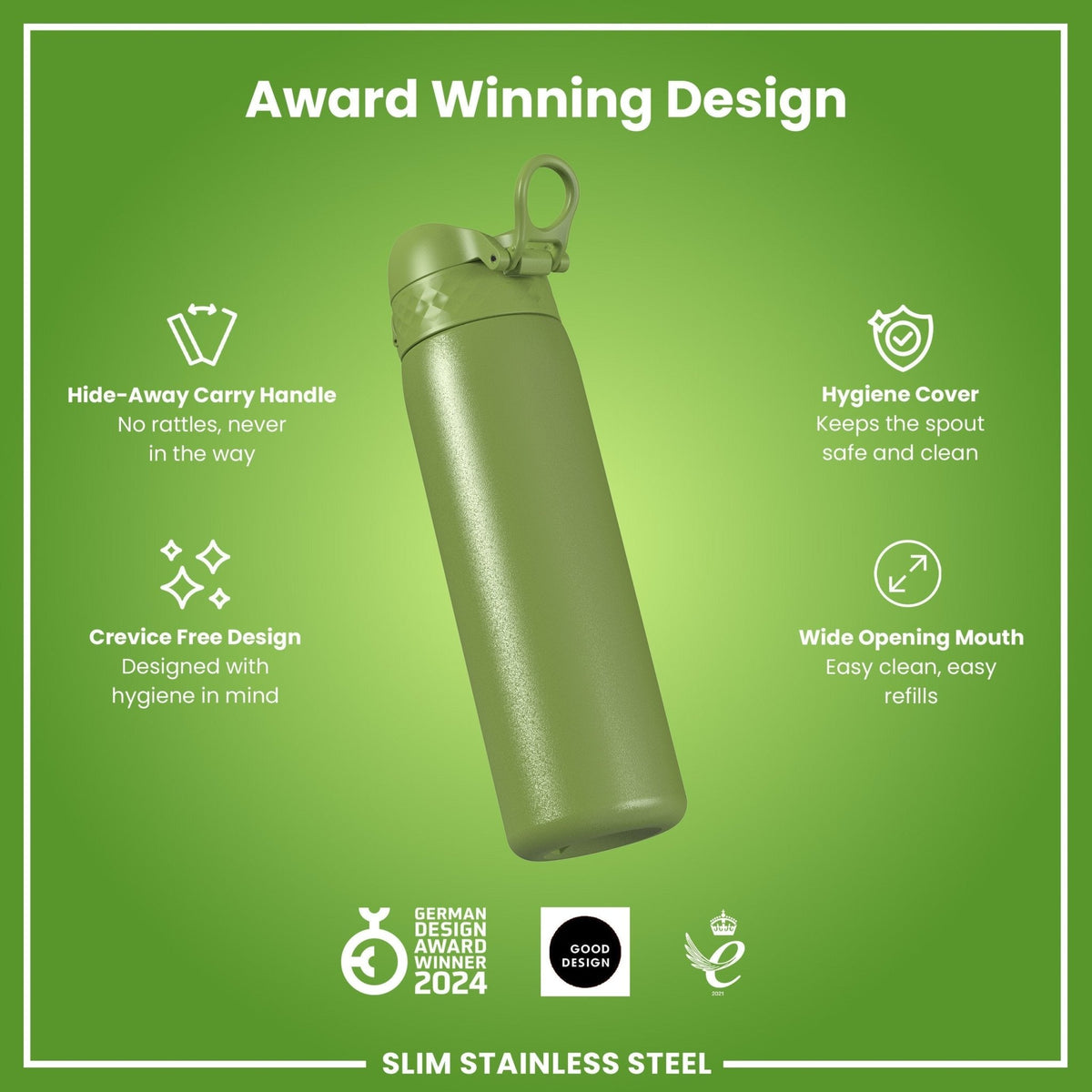 Ion8 stainless steel water bottle in khaki green, 600ml, leak-proof, slim design, durable steel water bottle for on-the-go hydration
