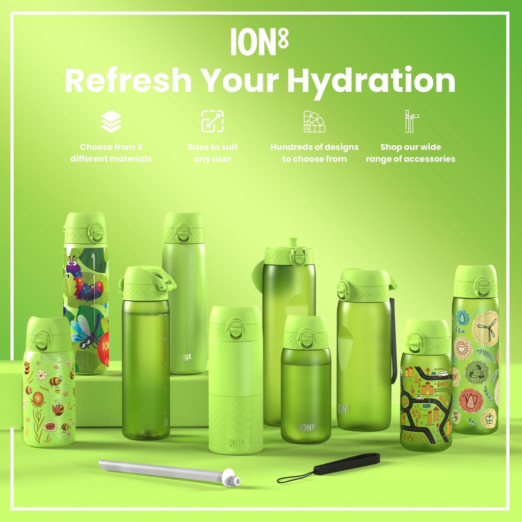 Ion8 stainless steel water bottle in khaki green, 600ml, leak-proof, slim design perfect for on-the-go hydration.
