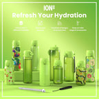Ion8 stainless steel water bottle in khaki green, 600ml, leak-proof, slim design perfect for on-the-go hydration.