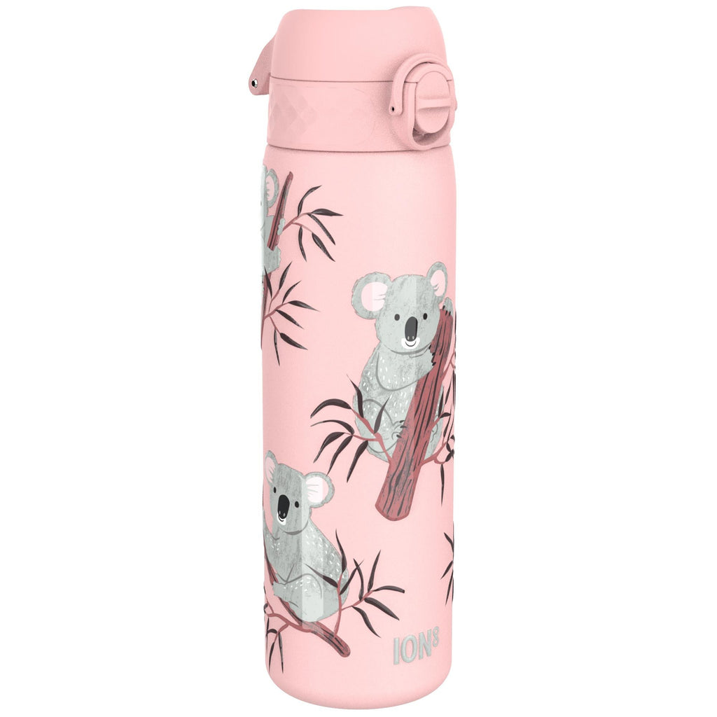 ION8 stainless steel water bottle featuring koala design, 600ml capacity, leak-proof, slim and durable for everyday use.