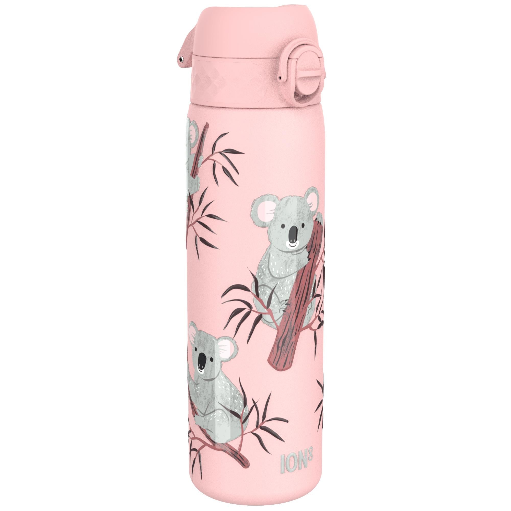 Ion8 leak-proof slim stainless steel water bottle with koala design, 600ml (20oz) for durable, portable hydration.