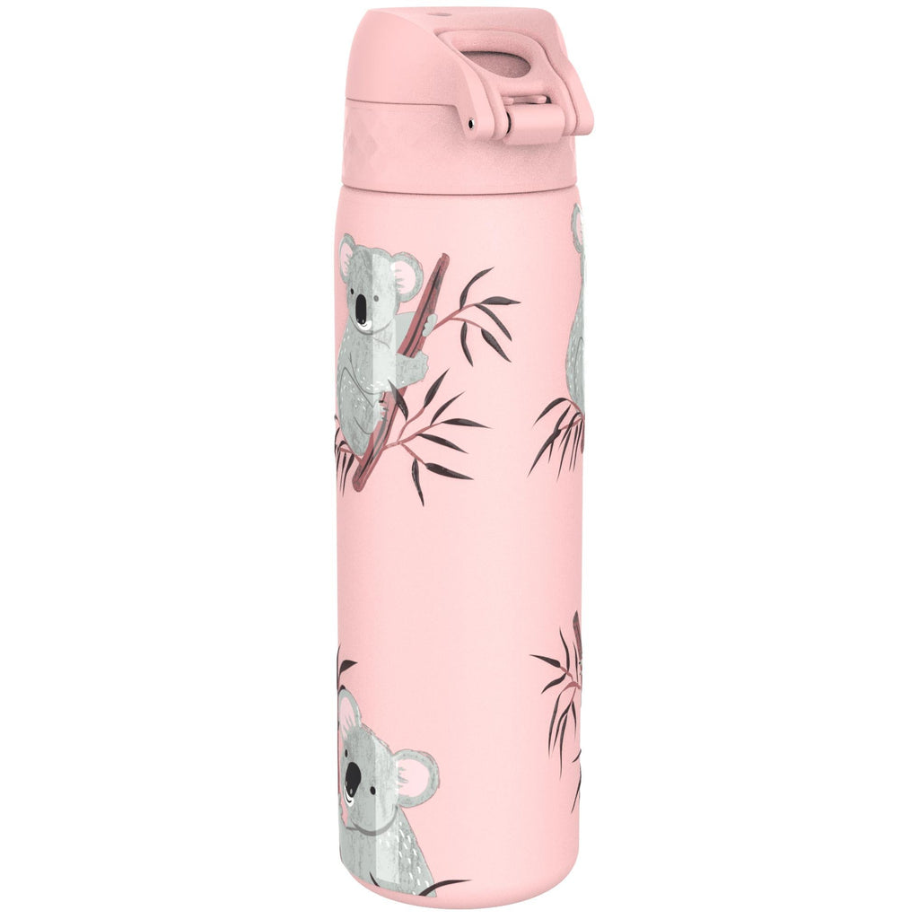 Ion8 stainless steel water bottle with koala design, 600ml capacity, leak-proof, slim, durable steel water bottle for hydration.
