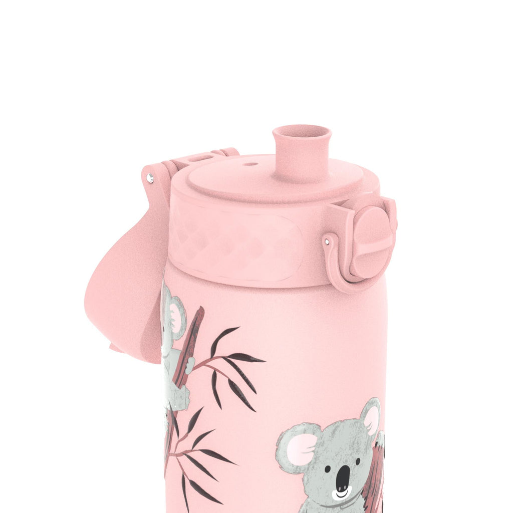 Ion8 stainless steel water bottle featuring cute koala design, 600ml capacity, leak-proof, slim and durable for everyday use.