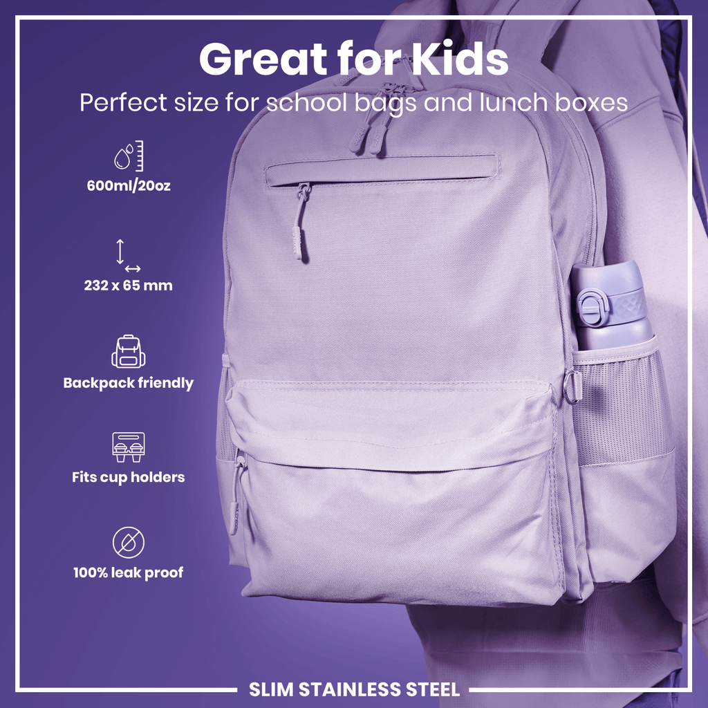 Light purple ION8 stainless steel water bottle, 600ml capacity, leak-proof, slim design, ideal for hydration on the go.