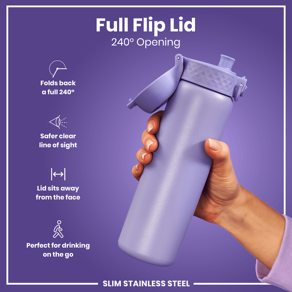 Ion8 stainless steel water bottle in light purple, 600ml capacity, leak-proof and slim design for durable hydration.