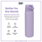 Light purple ION8 stainless steel water bottle, 600ml capacity, leak-proof and slim design for durable hydration.