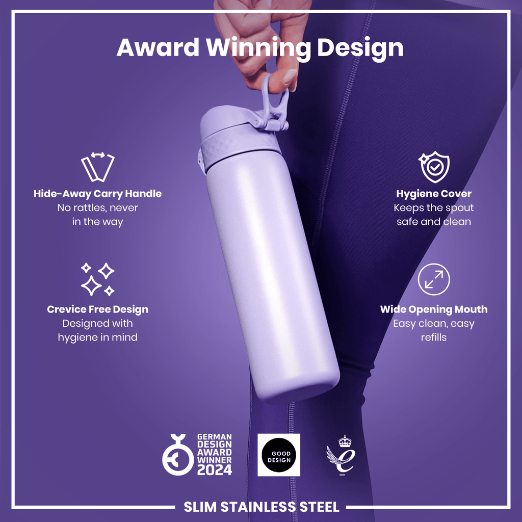 Light purple ION8 stainless steel water bottle, 600ml, leak-proof, slim design, ideal for hydration on the go.