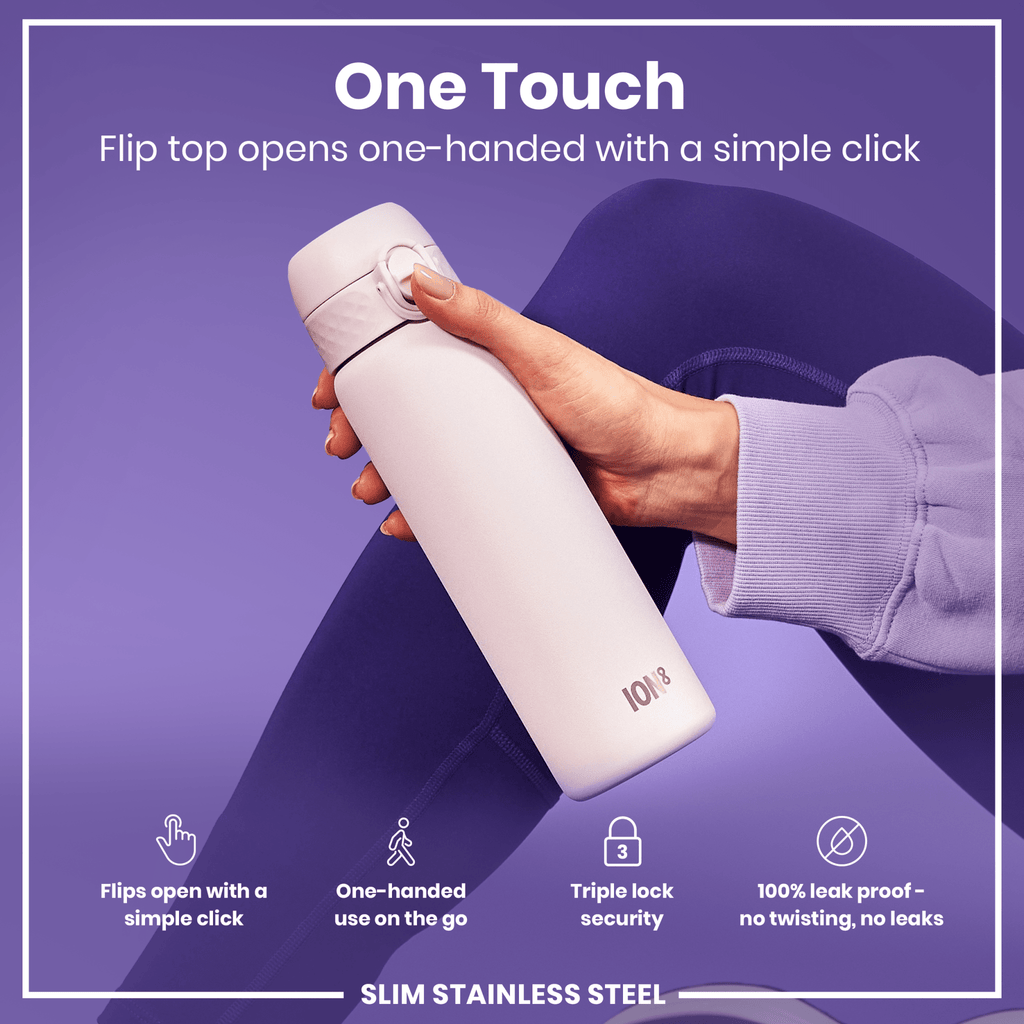 Ion8 stainless steel water bottle in Lilac Dusk color, 600ml, leak-proof and slim design for on-the-go hydration.