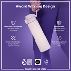 Ion8 stainless steel water bottle in Lilac Dusk, 600ml, leak-proof, slim design, durable steel hydration bottle.