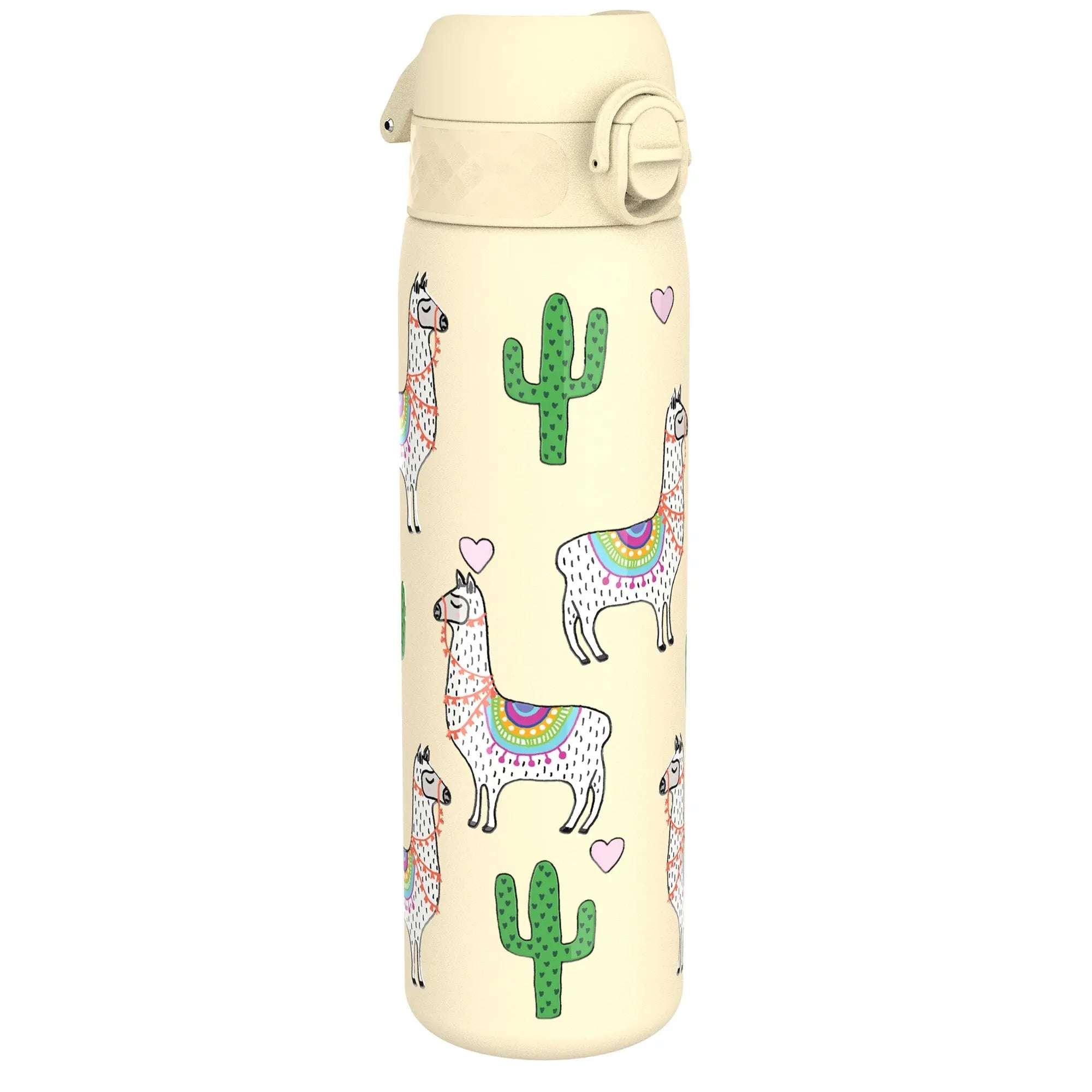 Ion8 stainless steel leak-proof slim water bottle with llama design, 600ml (20oz), ideal for hydration on the go.