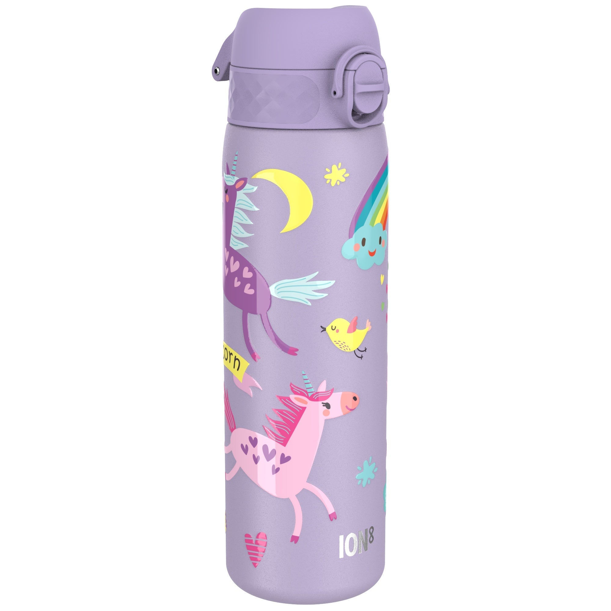 Ion8 leak-proof stainless steel water bottle with purple unicorn design, 600ml capacity, durable and stylish for everyday use.