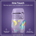 Ion8 stainless steel water bottle with purple unicorns design, 600ml capacity, leak-proof, slim and durable for everyday use.