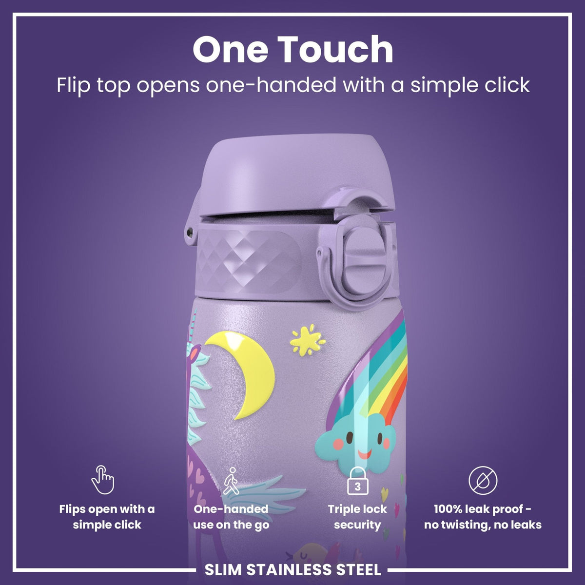 Ion8 stainless steel water bottle with purple unicorns design, 600ml capacity, leak-proof, slim and durable for everyday use.