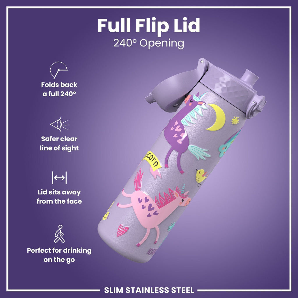 ION8 stainless steel water bottle with purple unicorns, 600ml capacity, leak-proof, slim design, durable and stylish for on-the-go hydration