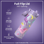 ION8 stainless steel water bottle with purple unicorns, 600ml capacity, leak-proof, slim design, durable and stylish for on-the-go hydration