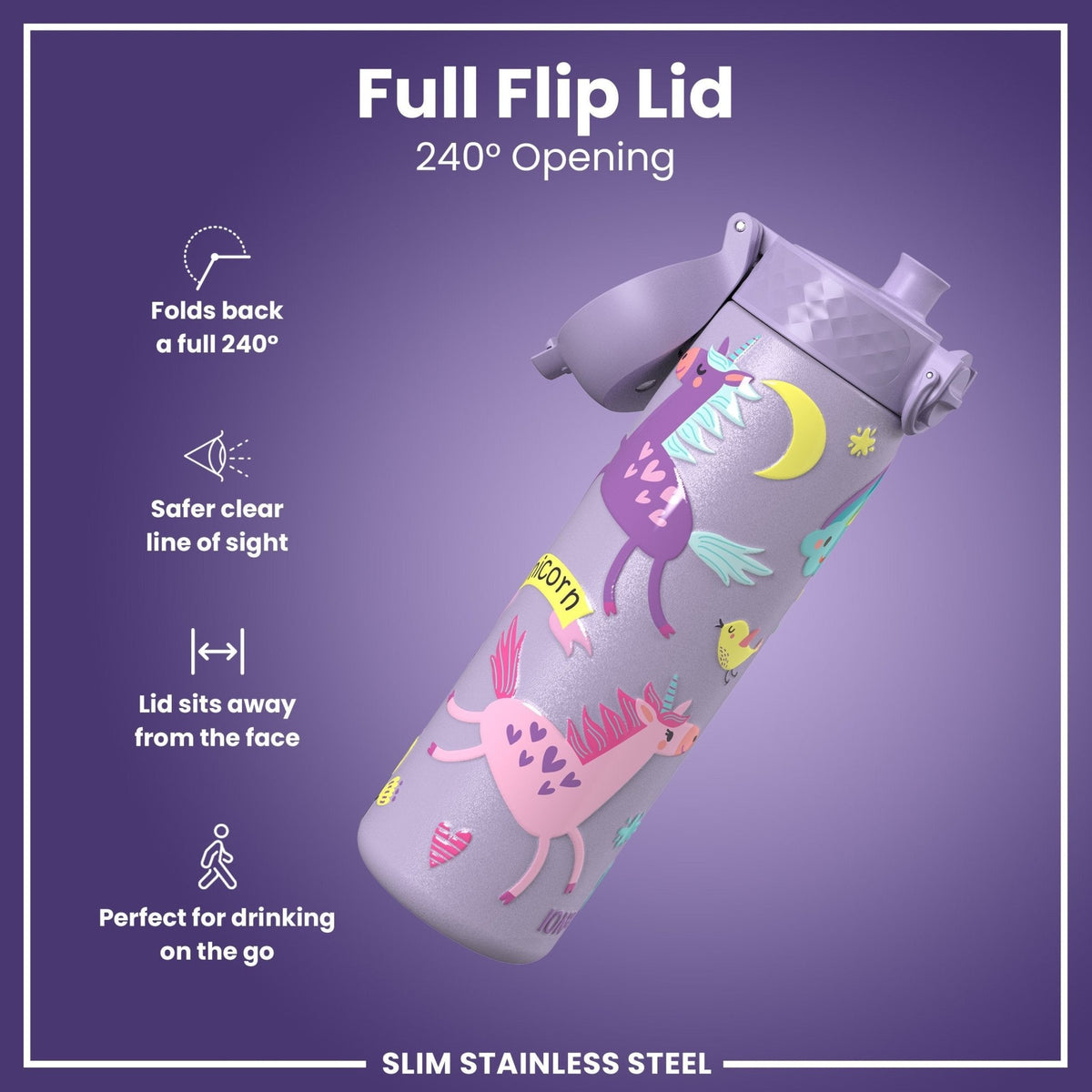 ION8 stainless steel water bottle with purple unicorns, 600ml capacity, leak-proof, slim design, durable and stylish for on-the-go hydration