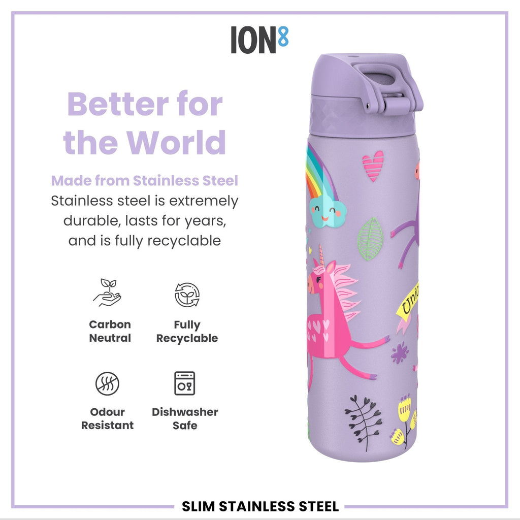 ION8 stainless steel water bottle with purple unicorns design, 600ml capacity, leak-proof, slim, durable steel water bottle for everyday use