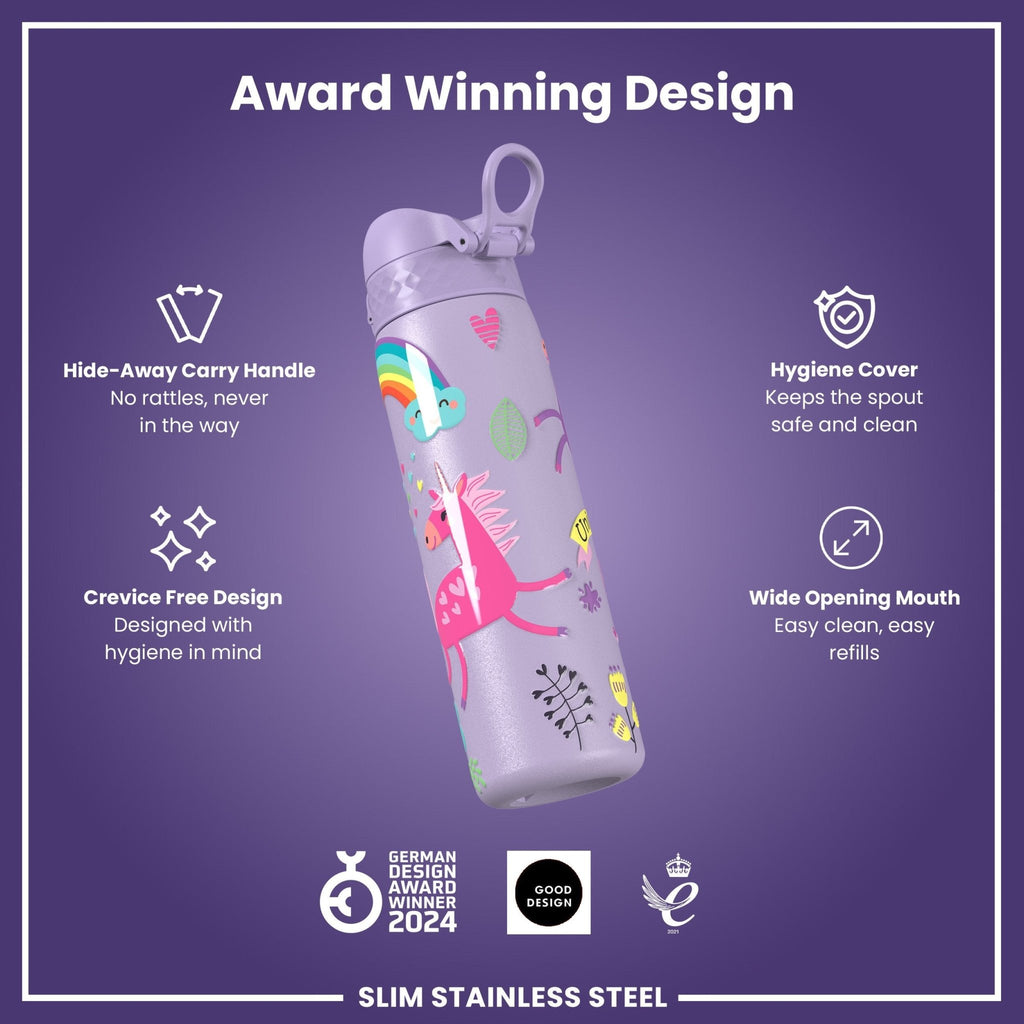ION8 stainless steel water bottle with purple unicorns design, 600ml capacity, leak-proof and slim for convenient hydration.