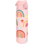 Ion8 stainless steel water bottle with rainbow design, 600ml leak-proof slim steel bottle for hydration.