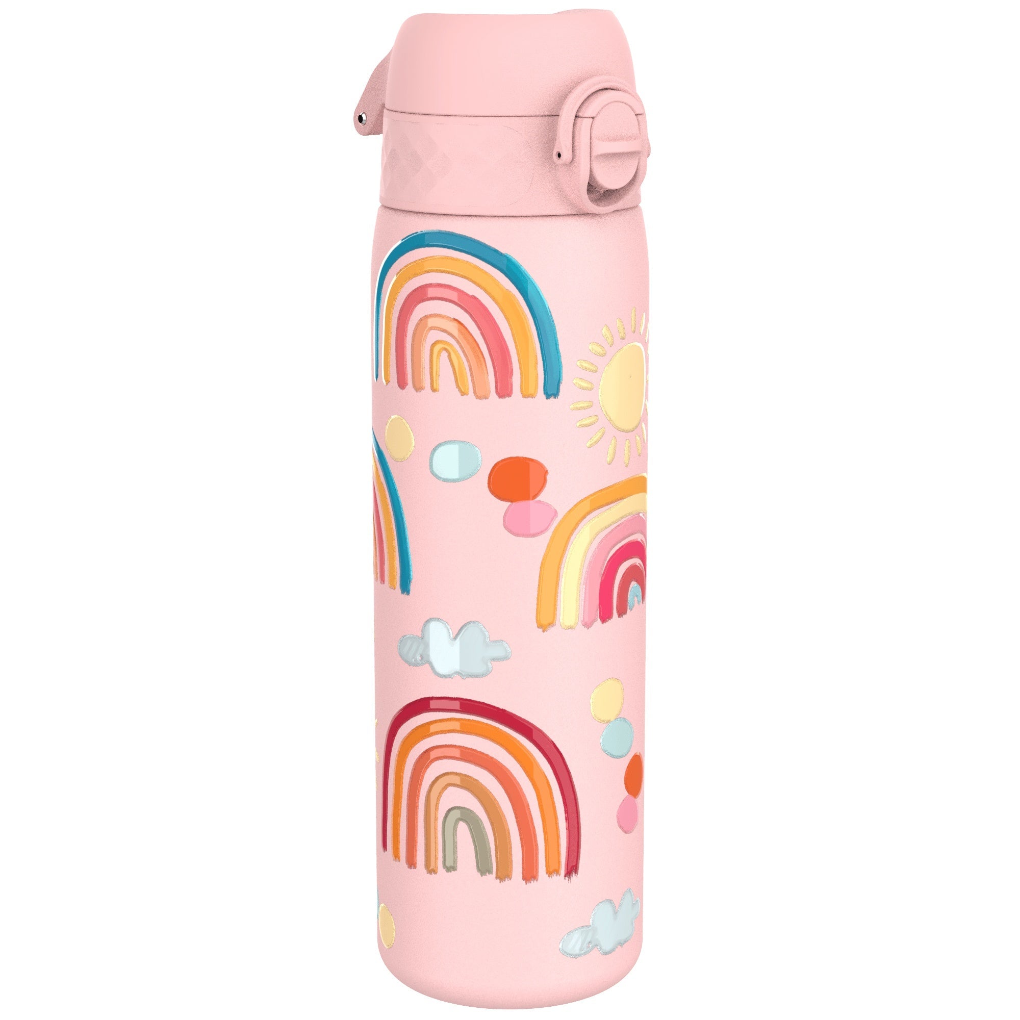 Ion8 leak-proof slim stainless steel water bottle with rainbow design, 600ml capacity, outdoor hydration accessory.